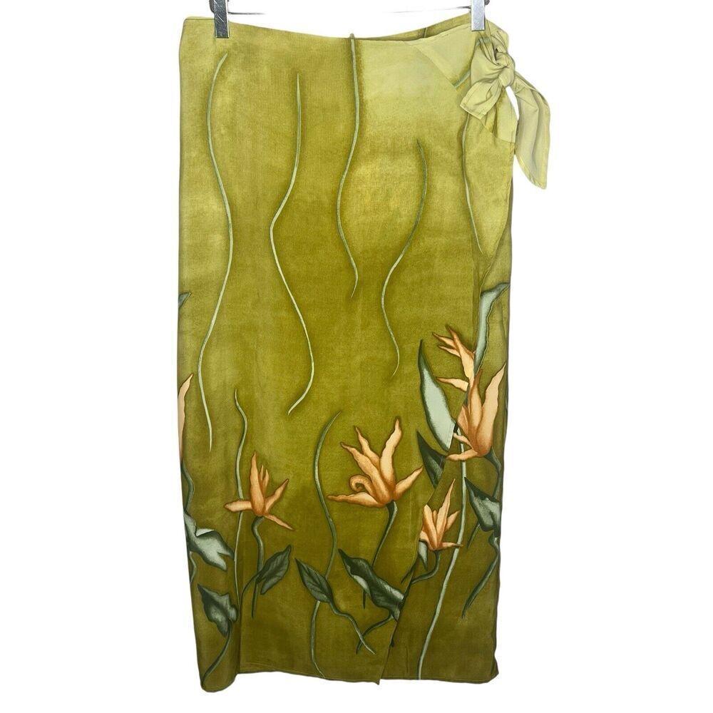 Taiga Paris Vintage Women's Size 12 Midi Tulip Wrap Skirt Side Tie Olive Floral